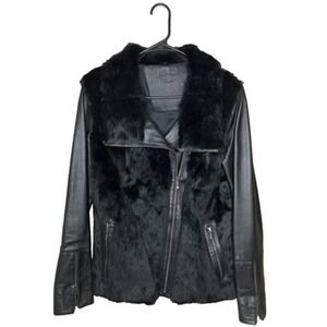 Black Rabbit Fur & Leather Jacket Women's M Moto Grunge Rocker Y2K Biker Luxe